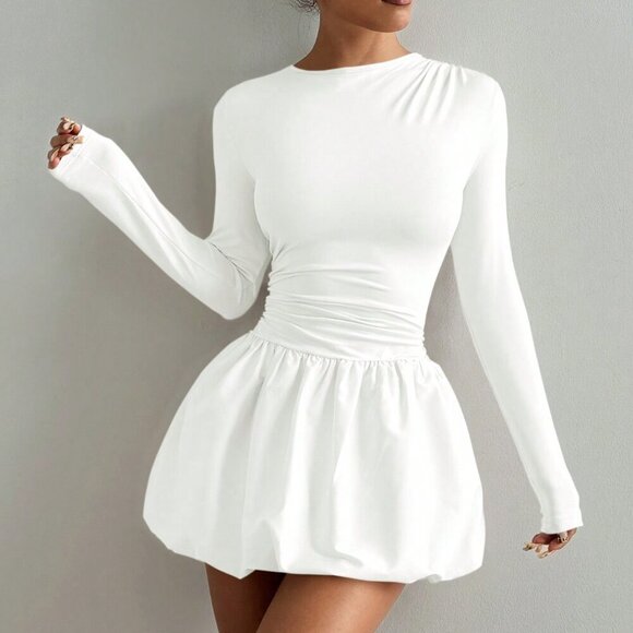 White Casual Women's Round Neck Long Sleeve Ruched Skort